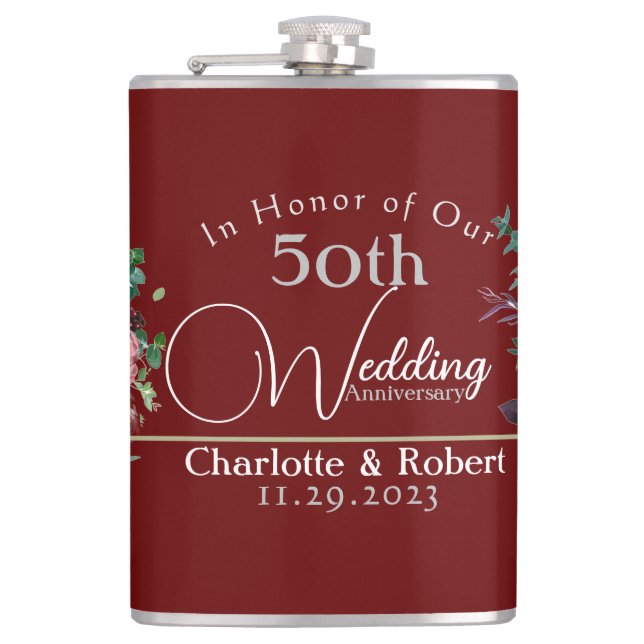 Personalized Red 50th Couples Wedding Anniversary  Flask (Front)