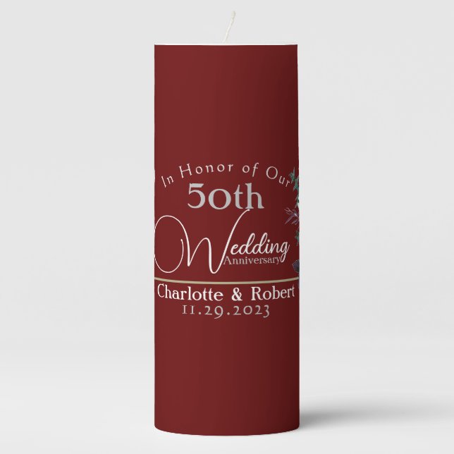 Personalized Red 50th Couples Wedding Anniversary Pillar Candle (Front)
