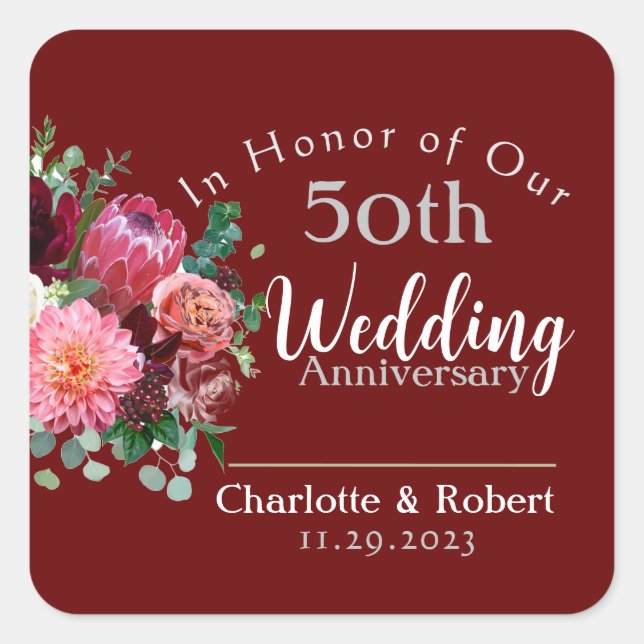 Personalized Red 50th Couples Wedding Anniversary  Square Sticker (Front)