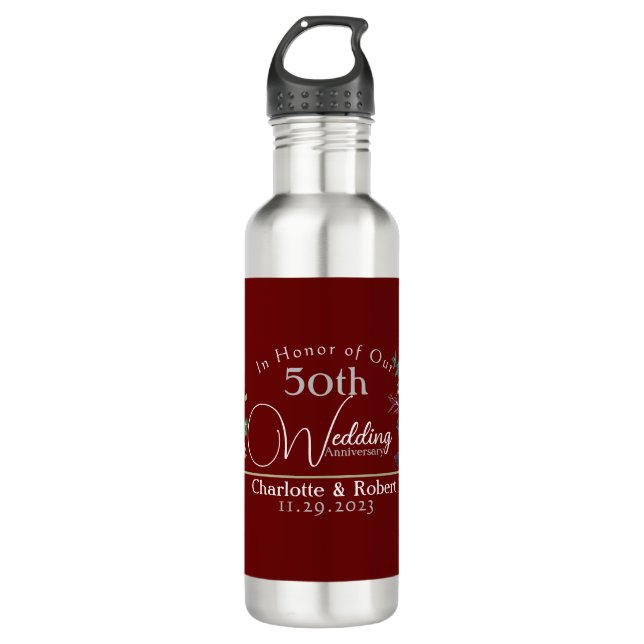 Personalized Red 50th Couples Wedding Anniversary  Stainless Steel Water Bottle (Front)
