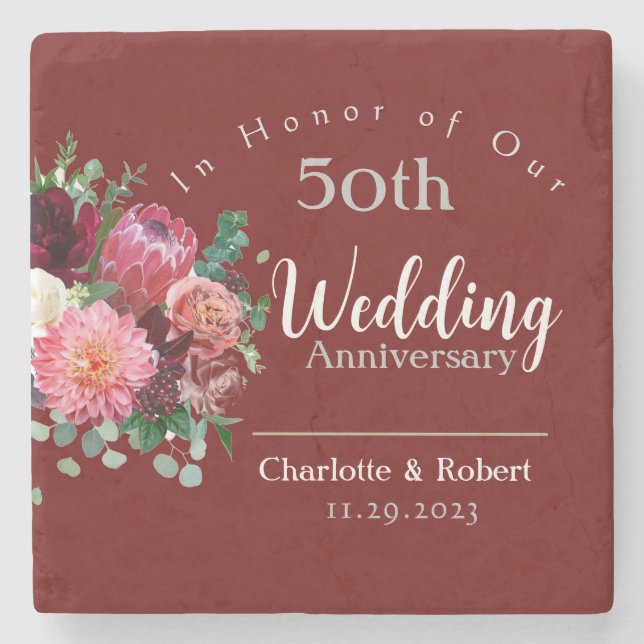 Personalized Red 50th Couples Wedding Anniversary  Stone Coaster (Front)