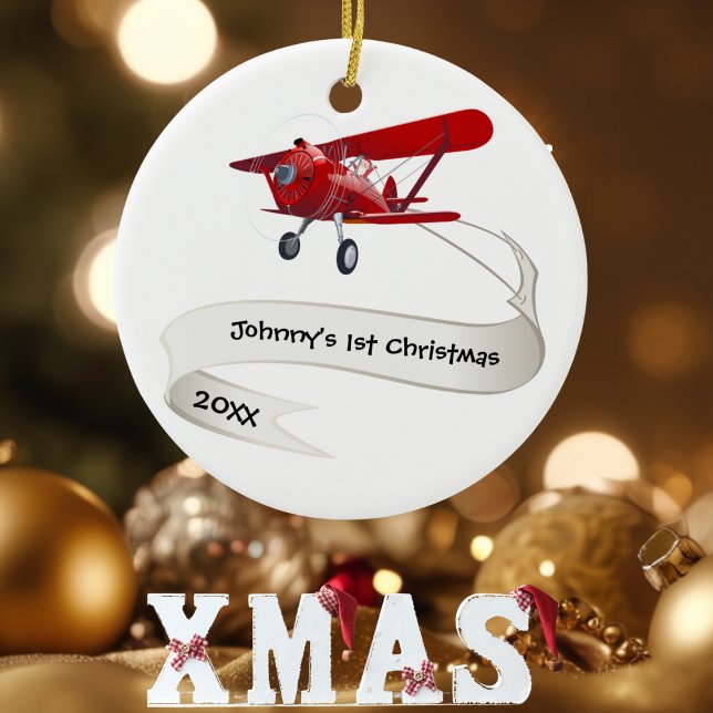 Personalized,Red Airplane & Santa, First Christmas Ceramic Ornament (Creator Uploaded)