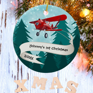 Personalized,Red Airplane & Santa, First Christmas Ceramic Ornament