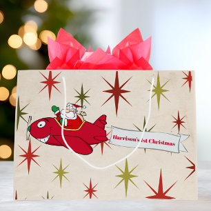 Personalized,Red Airplane & Santa, First Christmas Large Gift Bag
