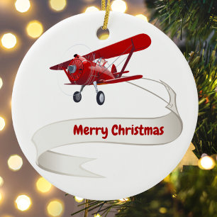 Personalized,Red Airplane & Santa, Merry Christmas Ceramic Ornament