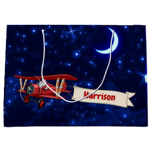 Personalized,Red Airplane & Santa, Merry Christmas Large Gift Bag