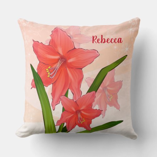 Personalized Red Amaryllis Flowers Throw Pillow