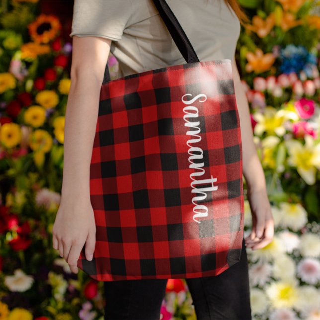 Personalized Red and Black Buffalo Check Tote Bag (Personalized Red and Black Buffalo Plaid Tote Bag)