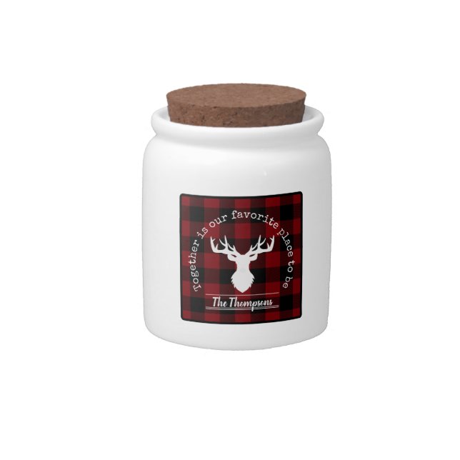 Personalized Red and Black Buffalo Plaid Candy Jar (Front)