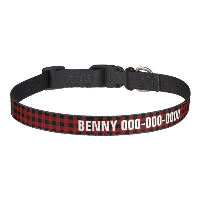Personalized Red and Black Buffalo Plaid Dog  Pet Collar (Front)