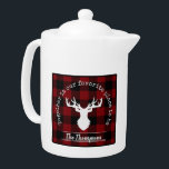 Personalized Red and Black Buffalo Plaid Farmhouse Teapot<br><div class="desc">The product design features a silhouette of a deer on a classic red and black buffalo plaid pattern. Combined with your own personalized text,  this composition makes a rustic,  modern,  and unique teapot for Thanksgiving,  Christmas holiday,  family reunion,  or any other special gatherings!</div>