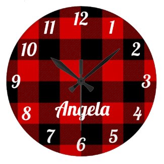 Personalized Red and Black Buffalo Plaid Large Clock