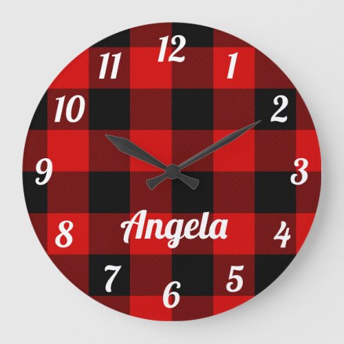 Personalized Red and Black Buffalo Plaid Large Clock