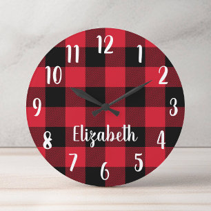 Personalized Red and Black Buffalo Plaid Round Clock
