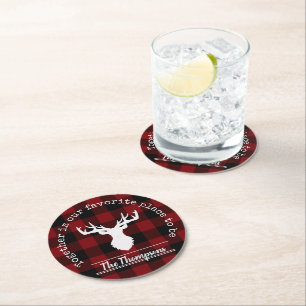 Personalized Red and Black Buffalo Plaid Round Paper Coaster