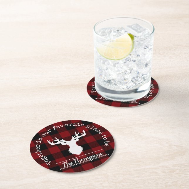 Personalized Red and Black Buffalo Plaid Round Paper Coaster (Insitu)