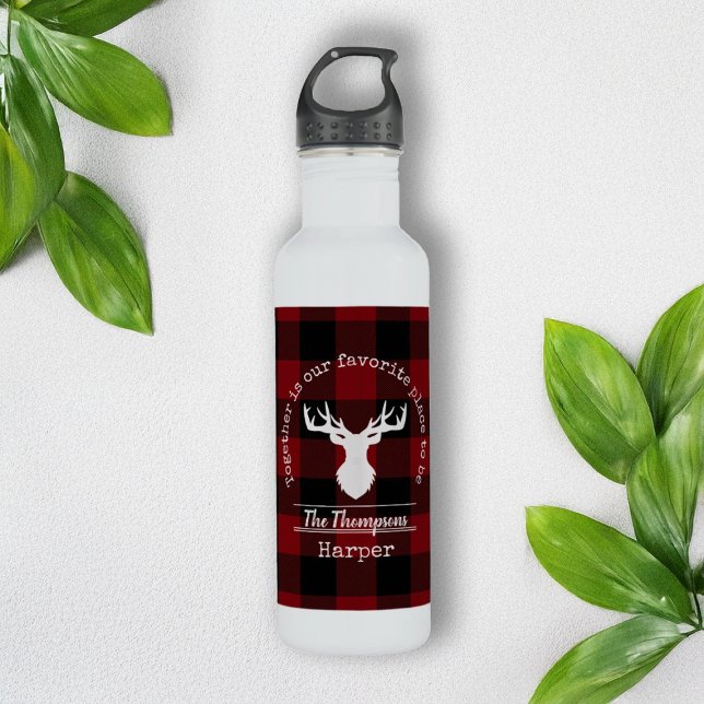 Personalized Red and Black Buffalo Plaid Stainless Steel Water Bottle (Creator Uploaded)