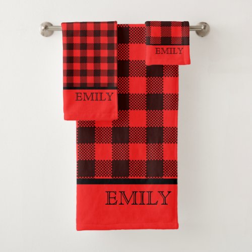 Personalized Red and Black Lumberjack Plaid Bath Towel Set