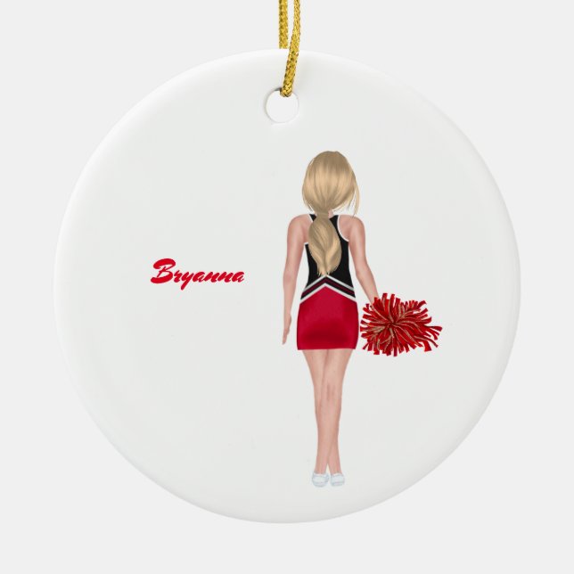 Personalized Red and Black School Cheerleader  Ceramic Ornament (Front)