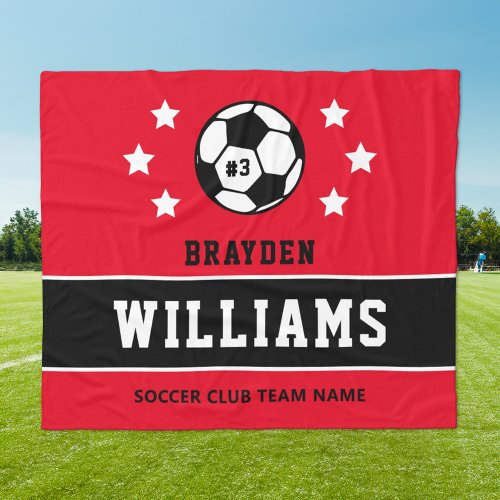 Personalized Red and Black Soccer Player Name Fleece Blanket