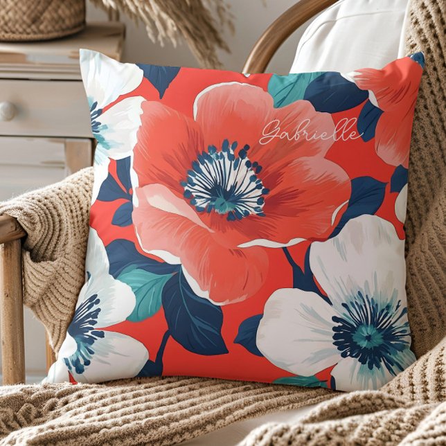 Personalized Red and Blue Floral Pattern Custom Throw Pillow (Creator Uploaded)