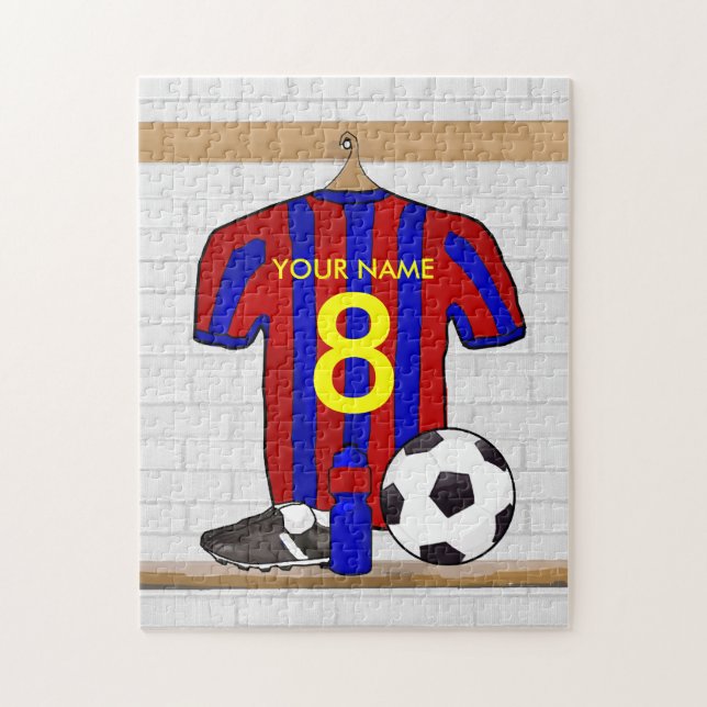 Personalized Red and Blue Football Soccer Jersey Jigsaw Puzzle (Vertical)