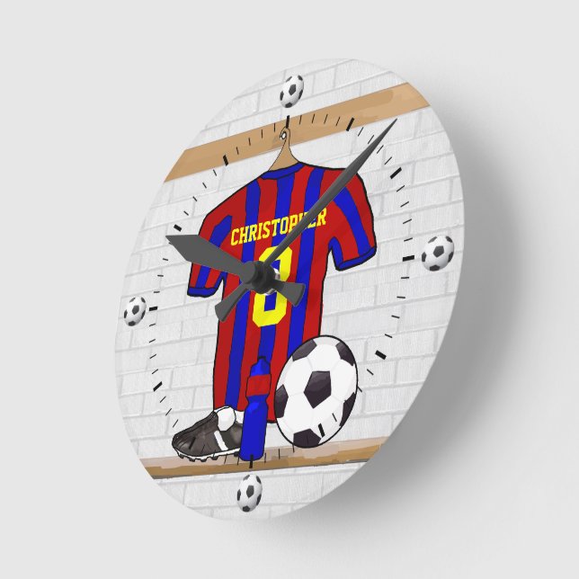 Personalized Red and Blue Football Soccer Jersey Round Clock (Angle)