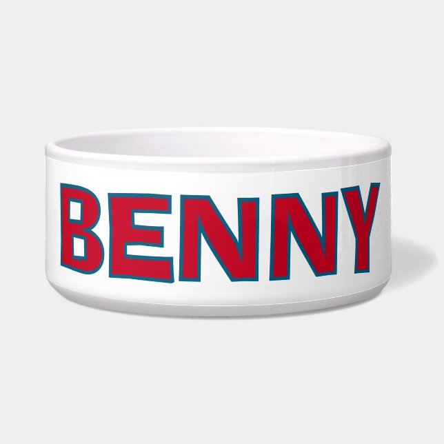 Personalized Red and Blue on White Dog Bowl (Front)