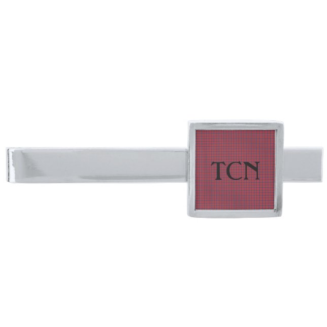 Personalized Red and Blue Plaid Men's Silver Finish Tie Bar (Front)