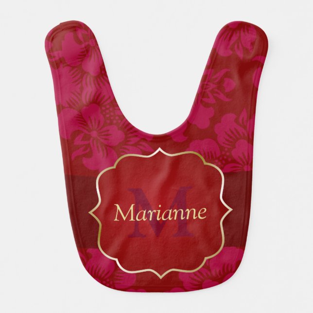 Personalized Red and Gold Asian Floral Baby Bib (Front)
