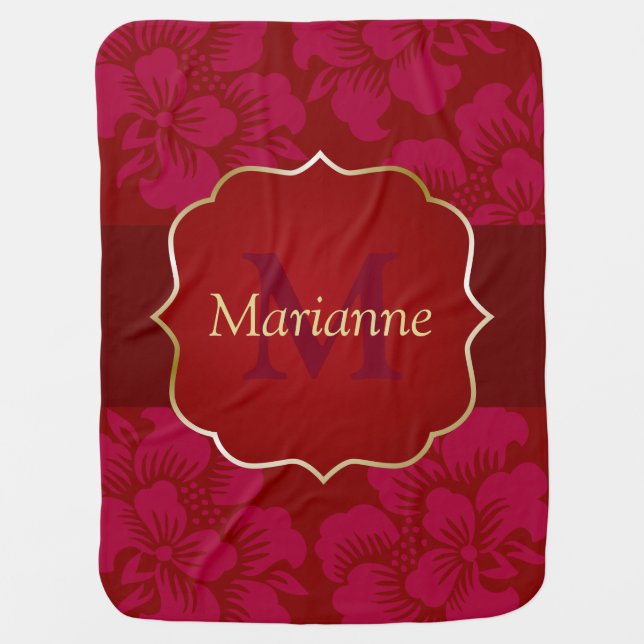 Personalized Red and Gold Asian Floral Baby Blanket (Front)