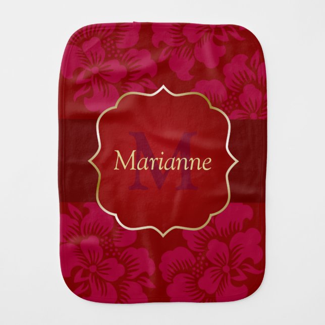 Personalized Red and Gold Asian Floral Baby Burp Cloth (Front)