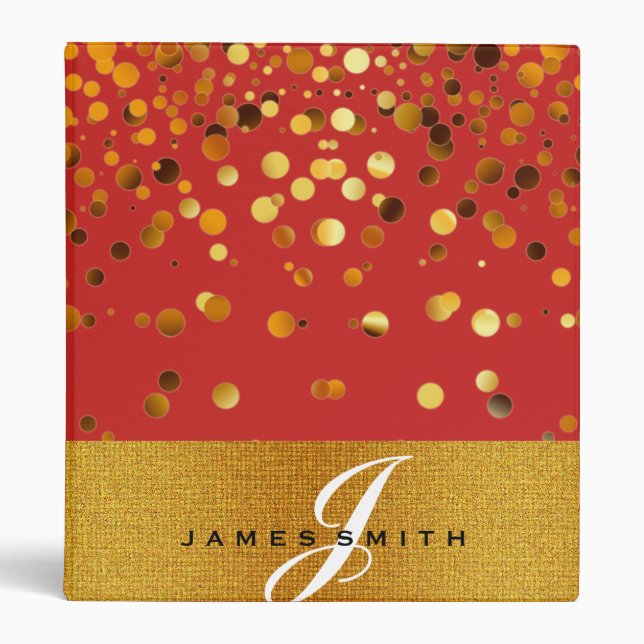 Personalized Red and Gold Faux Confetti Glitter 3 Ring Binder (Front)