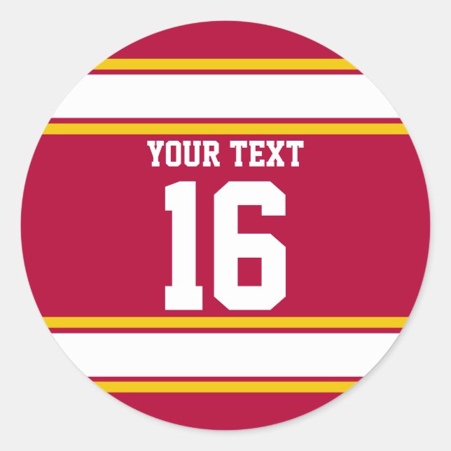 Personalized Red and Gold Sport Stripes Classic Round Sticker (Front)