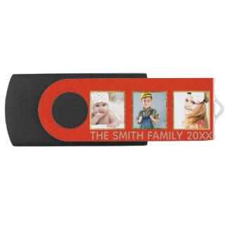 Personalized Red and Gold Three Photo Frame Flash Drive