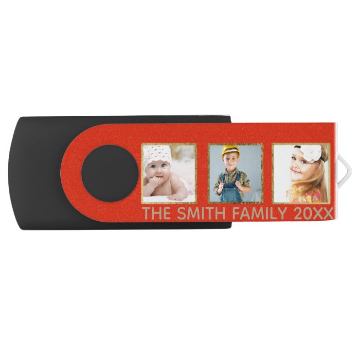 Personalized Red and Gold Three Photo Frame Flash Drive Zazzle