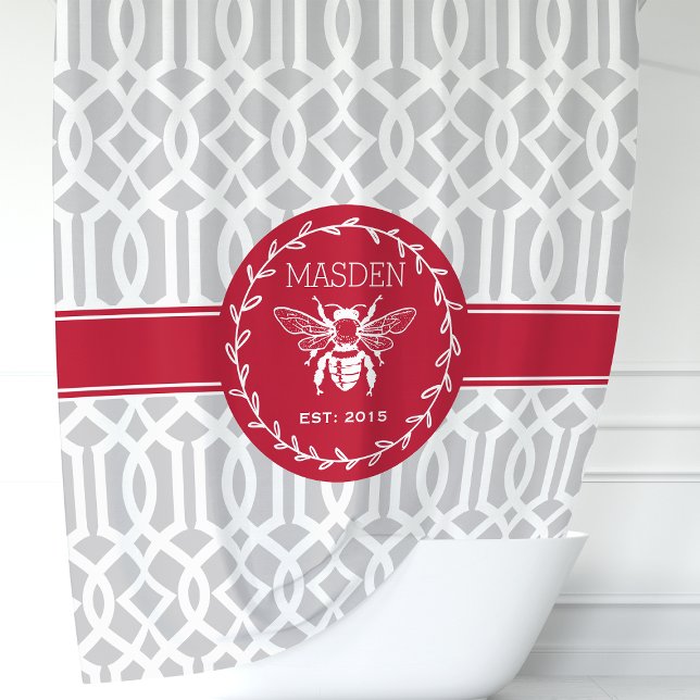 Personalized Red and Gray Honey Bee Shower Curtain (Creator Uploaded)