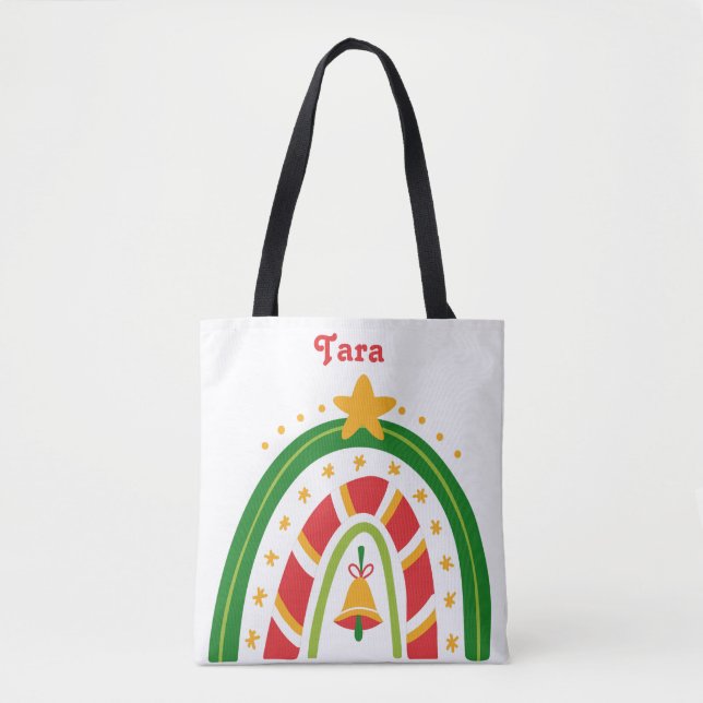 Personalized Red and Green Christmas Rainbow  Tote Bag (Front)