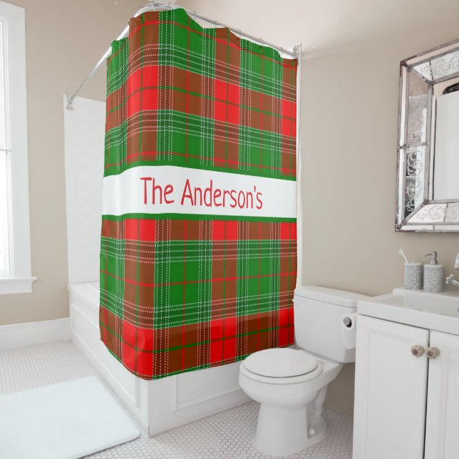 Personalized Red and Green Tartan Plaid Shower Curtain (In Situ)
