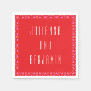 Personalized Red and Pink Geometric Wedding Names Napkins