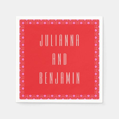 Personalized Red and Pink Geometric Wedding Names Napkins
