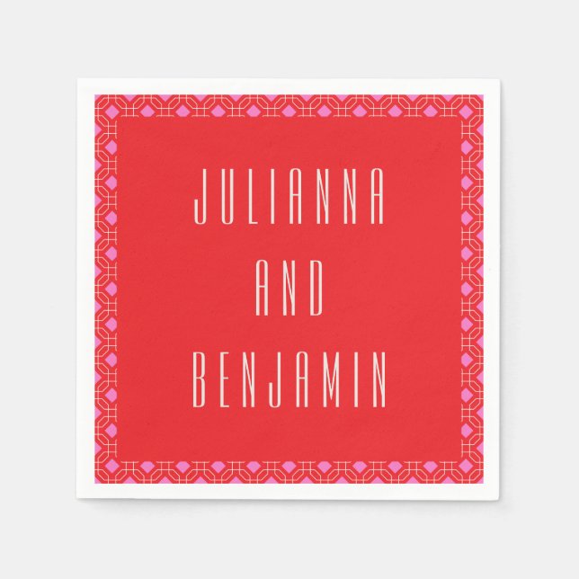 Personalized Red and Pink Geometric Wedding Names Napkins (Front)