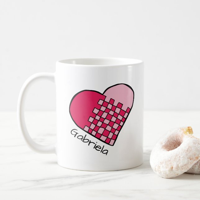 Personalized Red and Pink Woven Heart Doodle Mug (With Donut)