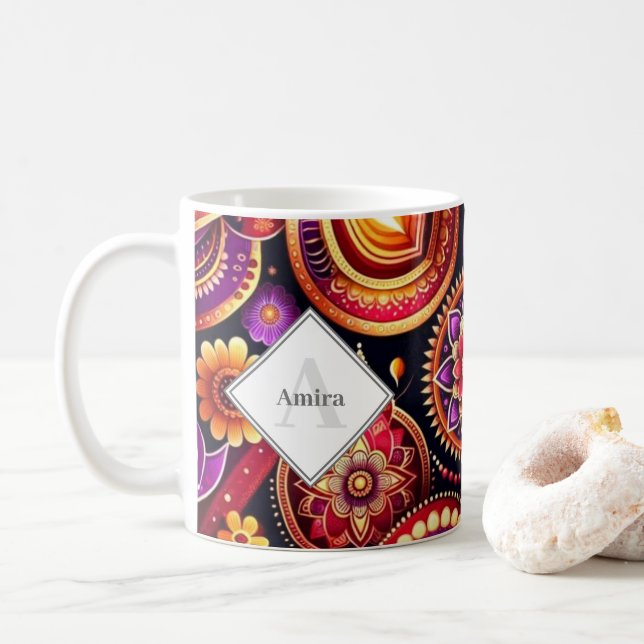Personalized Red and Purple Diyas & Rangoli Diwali Coffee Mug (With Donut)