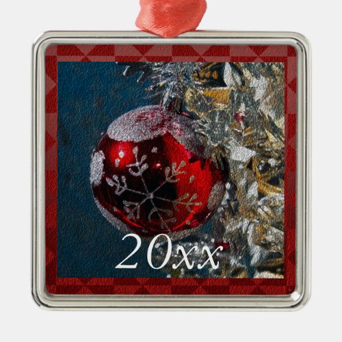 Personalized Red and Silver Christmas Year Metal Ornament
