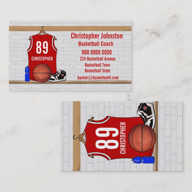 Personalized Red and White Basketball Jersey Business Card (Front/Back)