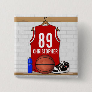Personalized Red and White Basketball Jersey Button