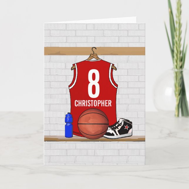 Personalized Red and White Basketball Jersey Card (Front)