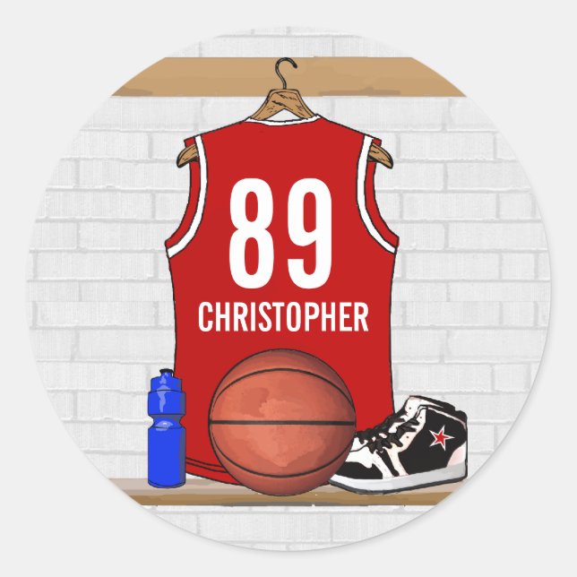 Personalized Red and White Basketball Jersey Classic Round Sticker (Front)