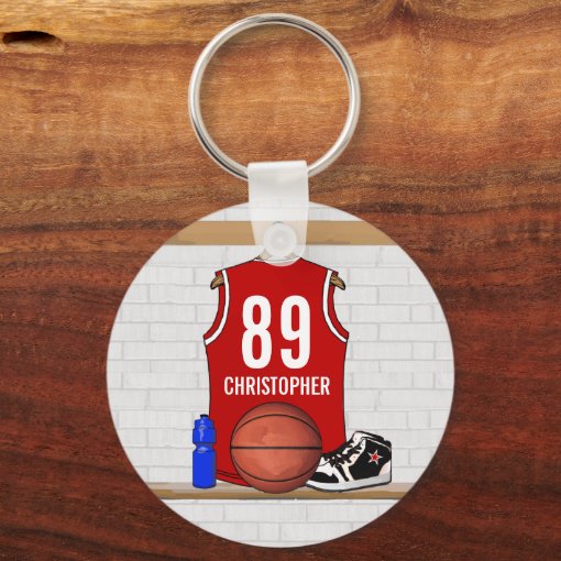 Personalized Red and White Basketball Jersey Keychain Zazzle
